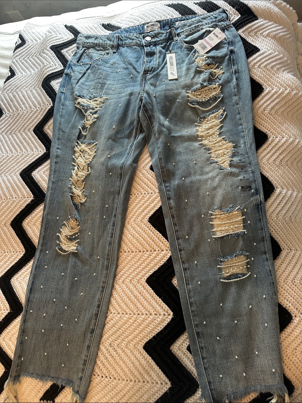 William Rast Light Blue Distressed Boyfriend Jeans with Pearl Embellishments